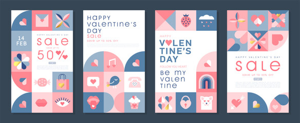 Happy Valentines Day Sale, February 14th. Set of vector illustrations for banner, posters, holiday cover . Abstract design with romantic decorative elements. Modern minimalist geometric style