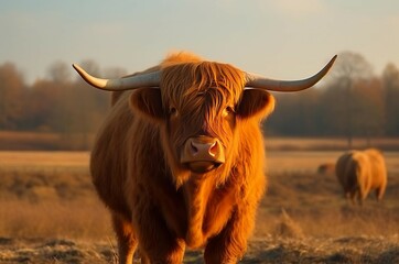 Highland cattle cow. Countryside Scottish hairy horned brown animal. Generate ai