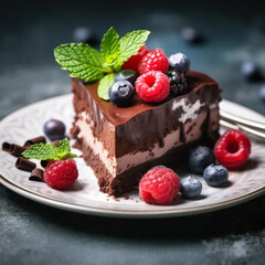 Chocolate cheesecake with fresh berries and mint leaves isolated. the toning. selective focus ai technology