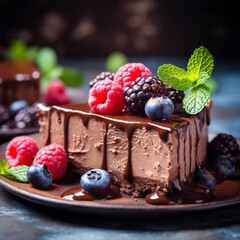 Chocolate cheesecake with fresh berries and mint leaves isolated. the toning. selective focus ai technology