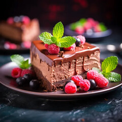 Chocolate cheesecake with fresh berries and mint leaves isolated. the toning. selective focus ai technology