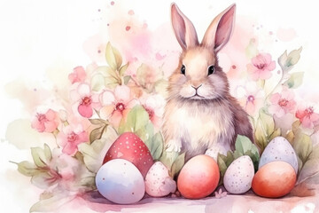 Easter illustration with Easter bunny and eggs in watercolor style.