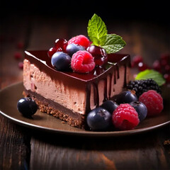 Chocolate cheesecake with fresh berries and mint leaves isolated. the toning. selective focus ai technology