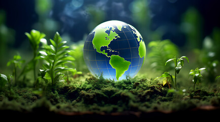 Glowing globe among plants. Earth, green continents, blue oceans. Surrounded by small ferns, moss. Nature, environment, beauty