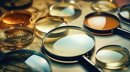 Assorted magnifying glasses on a map