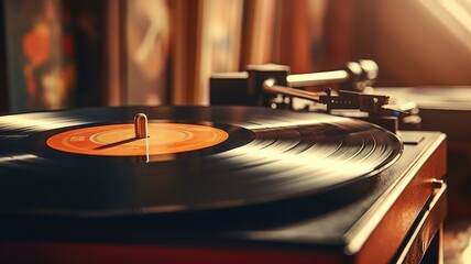 A vinyl record spinning on a turntable with a warm ambiance - obrazy, fototapety, plakaty
