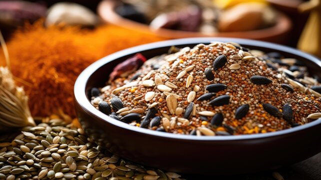 Bowl of birdseed mix with diverse grains and seeds