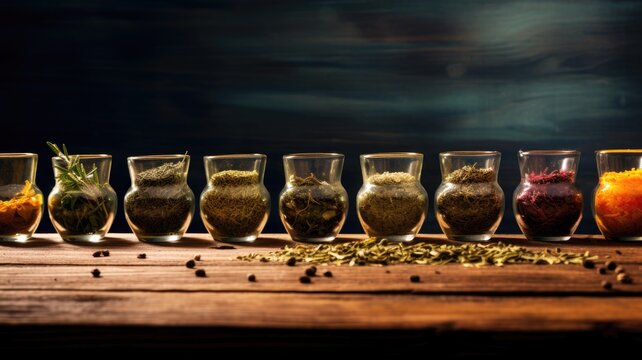 Assorted herbs in glass jars on a wooden surface