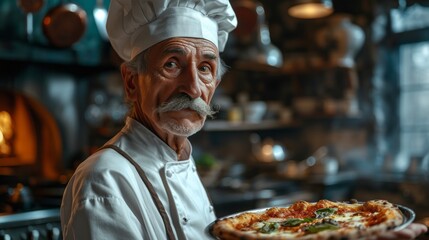 old italian chef with grey moustache, wearing chefs hat on his head, dish with pizza in his hands,...