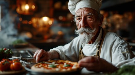old italian chef with grey moustache, wearing chefs hat on his head, dish with pizza in his hands, blurry interior of kitchen at the background a Delicious Piping Hot Pizza. Copy Space. - obrazy, fototapety, plakaty