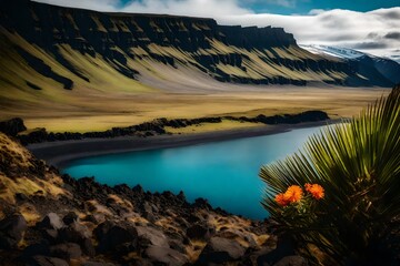 A 105mm lens photo of a breathtaking valley in Iceland, highlighting a unique palm tree amidst rugged mountains, a vast ocean backdrop, and a clear blue sky