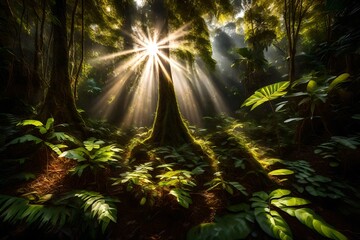 Sunlight filtering through dense rainforest foliage, creating enchanting patterns on the ground.