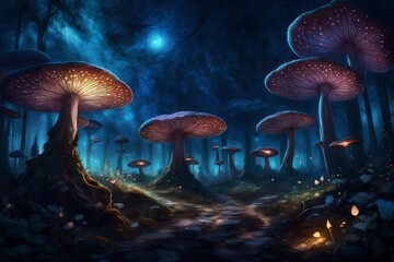 Fototapeta na wymiar A panoramic image of a fantasy forest with giant, otherworldly fungi and plants, under a starry night sky. Glowing butterflies with translucent wings add a dreamlike quality to the scene.