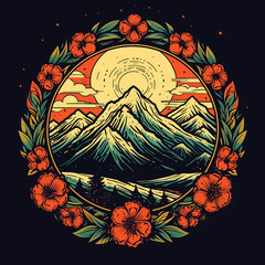 High-Resolution Logo Design: Mountain and Floral Pattern Overlay