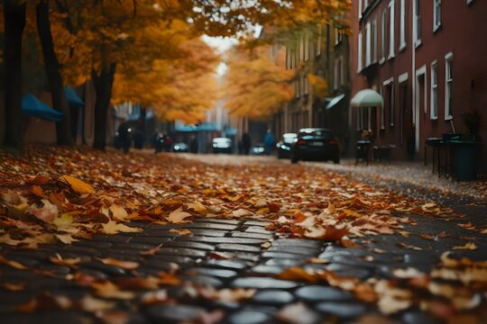 An urban alleyway in the heart of autumn, with leaves of various colors lining the cobblestone path, all rendered in a photorealistic style.