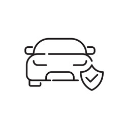 Car insurance. Protection shield, check mark and vehicle. Pixel perfect, editable stroke icon