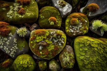 Intricate patterns of moss and lichen on ancient rainforest stones.