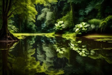 A tranquil rainforest pond reflecting the green beauty above.