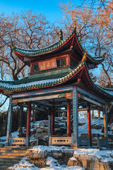 The scenery of Taoranting Park after snow in Beijing in winter
