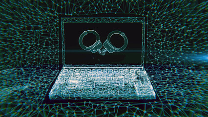 A handcuff in 3D illustration, presented on the screen of a laptop and stylized in abstract molecular hologram form with a wire frame network around it.