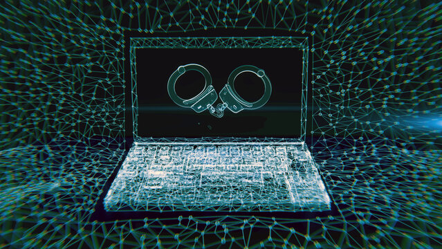 A handcuff in 3D illustration, presented on the screen of a laptop and stylized in abstract molecular hologram form with a wire frame network around it.