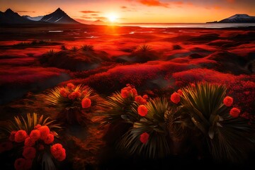 A vibrant Icelandic sunset casting a warm glow on palm trees adorned with crimson flowers.