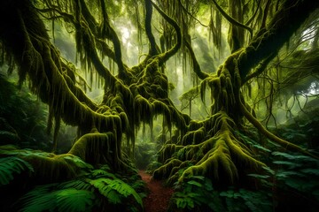Mossy branches forming a natural canopy in the depths of the rainforest.