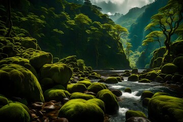 A surreal landscape of mossy boulders against a dramatic rainforest backdrop.
