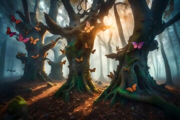 A panoramic view of a mystical forest at sunrise, with multicolored glowing butterflies dancing around ancient, gnarled trees that have faces carved into them. 