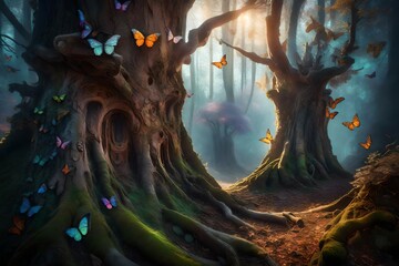 A panoramic view of a mystical forest at sunrise, with multicolored glowing butterflies dancing around ancient, gnarled trees that have faces carved into them. 