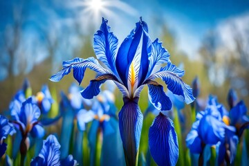 A single, striking blue iris standing tall against a blue sky, with detailed focus on its unique petal structure and vibrant colors, surrounded by a soft-focus spring garden.