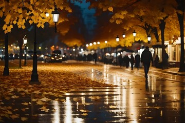 A picturesque autumn evening where wet city streets are adorned with golden leaves. The soft glow of streetlights adds a realistic touch as people wander along the pathways