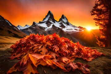A pile of dry maple leaves in vibrant orange and red, with the first light of sunrise illuminating the Matterhorn in the distance.