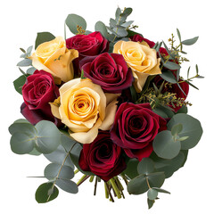 Obraz premium Bouquet of red and yellow roses with eucalyptus leaves on transparent background