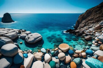 A mesmerizing close-up shot of harmonious stones, their colors accentuated by a clear blue sky, offering a serene ocean backdrop.