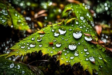 Raindrops glistening on moss-covered leaves, a testament to the rainforest's life.