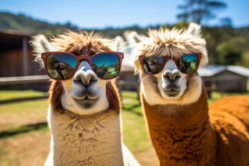 Fototapeta premium Funny alpacas wearing in sunglasses in a farmyard.