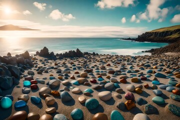 In the heart of Iceland, a stunning daylight scene emerges, palm trees framing a radiant beach strewn with colorful stones, all overlooking the mesmerizing ocean horizon.