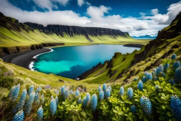 an enchanting Icelandic valley, where a palm tree contrasts with rugged mountains and a sprawling green landscape