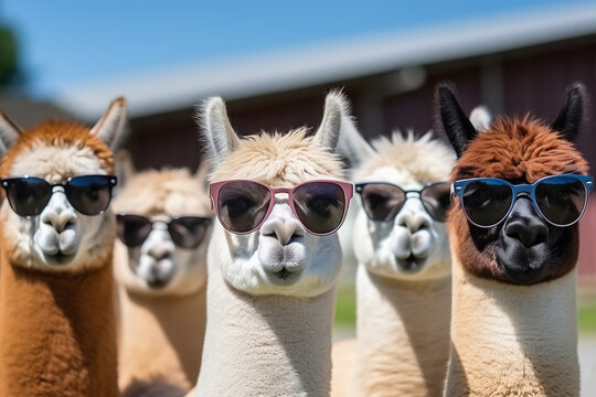 Funny alpacas wearing in sunglasses in a farmyard.