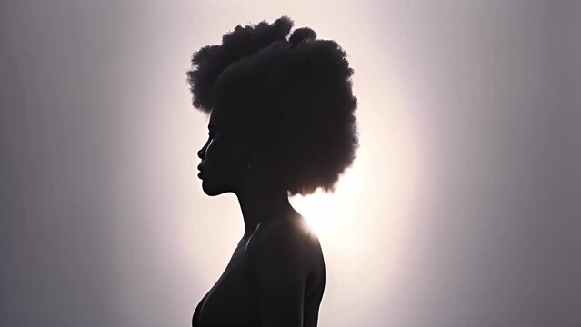 Beautiful portrait of proud African American black woman silhouette with afro curly hair on soft background. Copy space illustration of African American woman profile with afro ponytail hairstyle. Spa