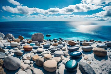 A breathtaking closeup of vibrant balance stones under a brilliant blue sky, overlooking the endless ocean.