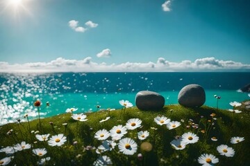 A stunning closeup captured with a 105mm lens showcasing balanced stones with a few cosmos flowers, on green grass, against a vast ocean and blue sky background.