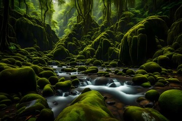 A surreal landscape of mossy boulders against a dramatic rainforest backdrop.