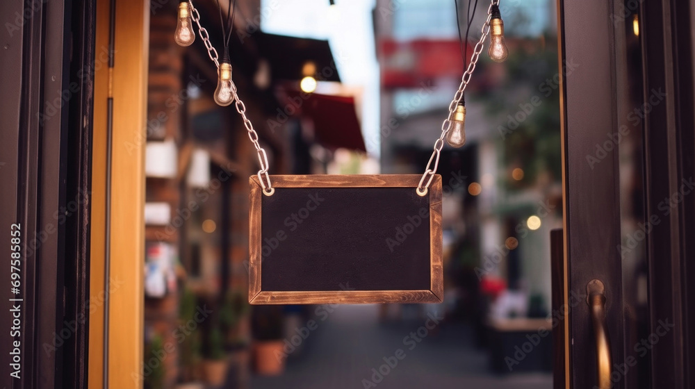 Poster empty black chalkboard sign with a wooden frame hanging by chains in front of a store, inviting cust