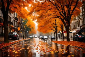 A city street blanketed in vibrant autumn leaves on a rainy day.