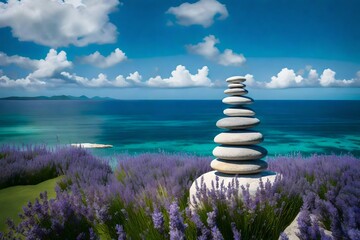 High-definition shot using a 105mm lens of vibrant stacked stones surrounded by minimal lavender and jasmine on a lush green field, ocean in the distance under a blue sky.