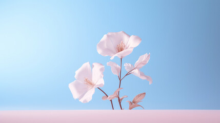 Delicate pink flowers poised elegantly against a soft blue and pink gradient.