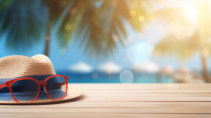A straw summer hat and red sunglasses laid on a wooden surface with a tropical beach and palm trees...