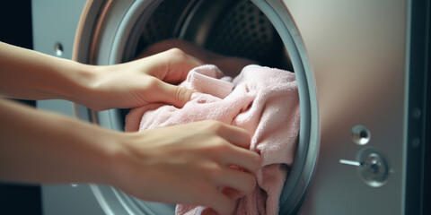Hands removing soft pink towels from a dryer, depicting daily household laundry tasks and fabric care. - obrazy, fototapety, plakaty